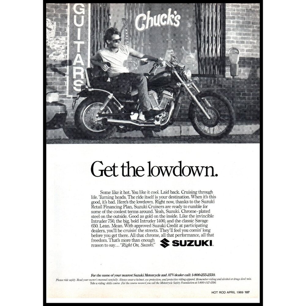 1989 Suzuki Intruder 1400 Motorcycle Vintage Print Ad Chucks Guitars Wall Art
